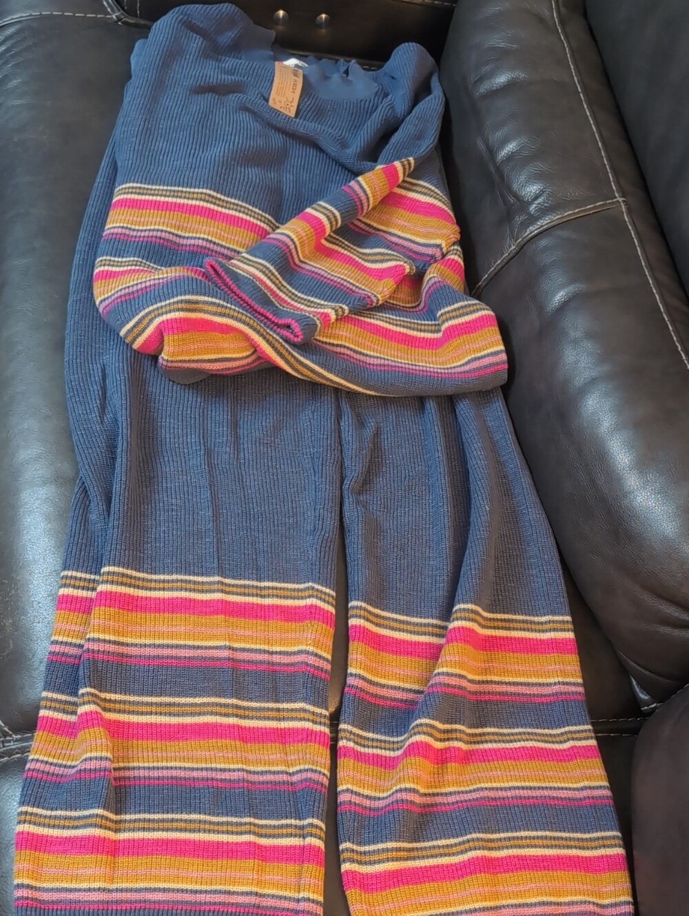 Lounge & Go Natural Life Navy Ribbed Sweater Pants Set with Colorful Stripes NWT